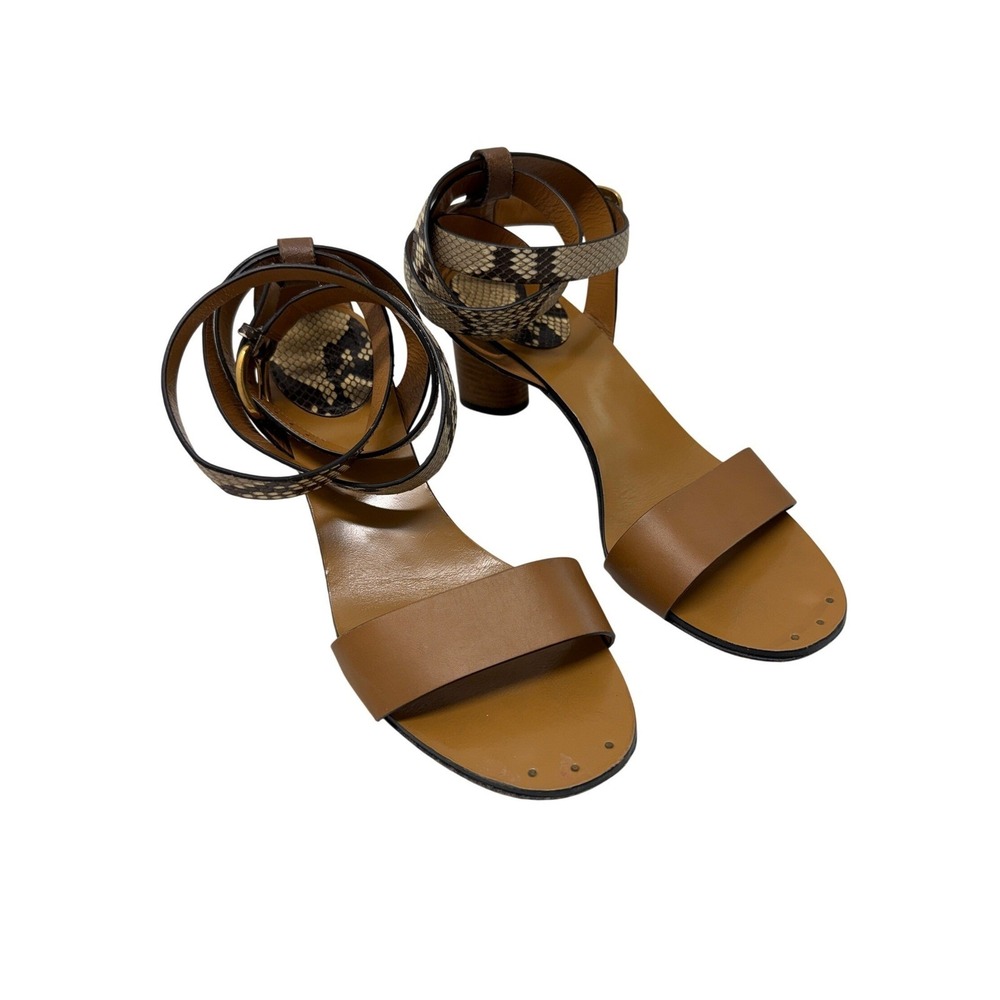 Gucci Brown Leather Snakeskin Ankle Wrap Block Heel Sandals Italy 39.5 9.5